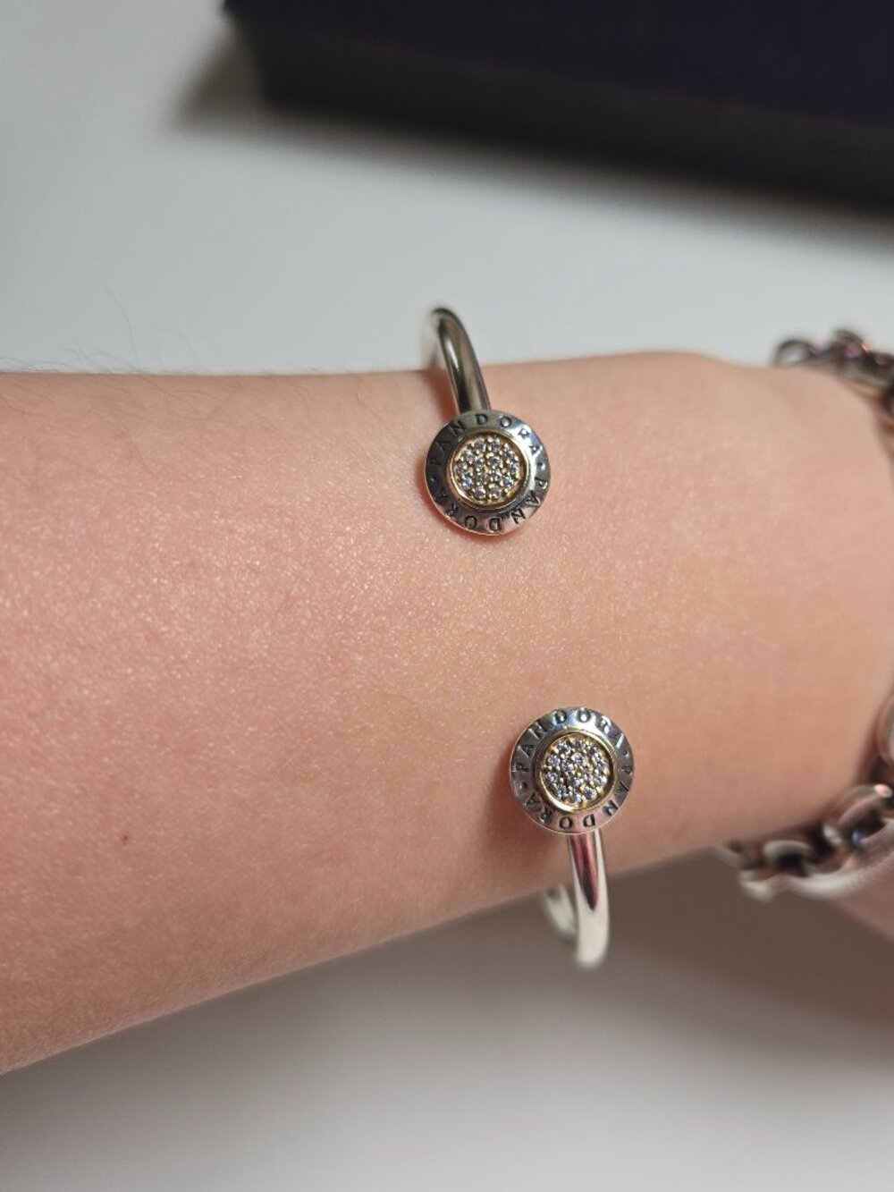 Pandora two tones 14k cubic zirconia and silver bangle